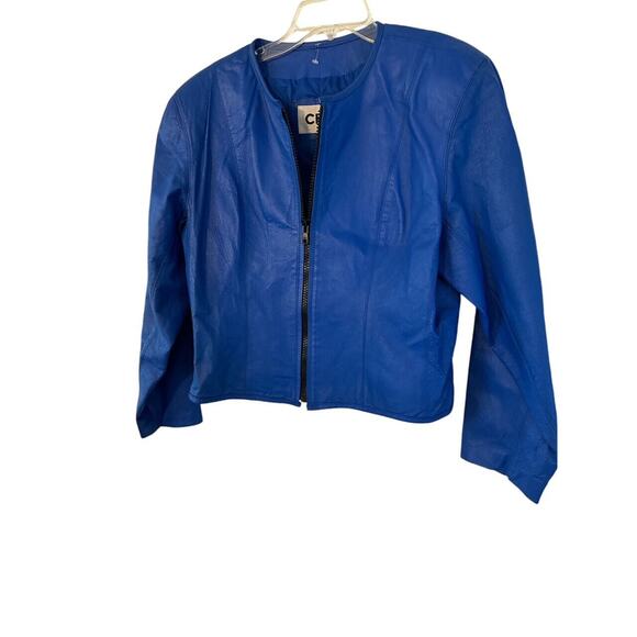 VINTAGE CHIA ELECTRIC BLUE ZIP LEATHER COAT SZ L - Picture 1 of 3